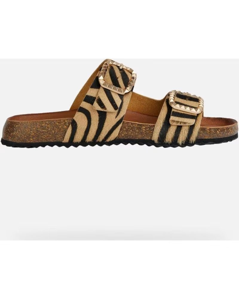 Geox Geox D45VYC - Sandalia Plana Animal Print con Hebillas y Suela de Goma Sand Negro