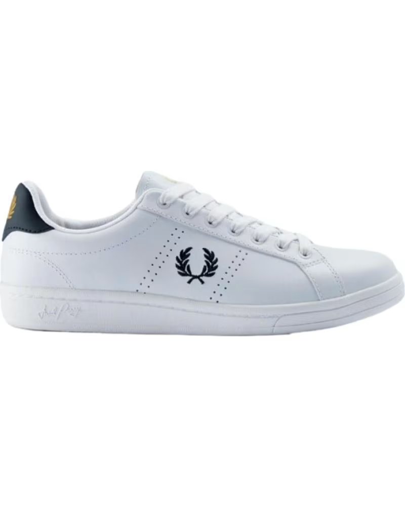 Fred Perry B721 Zapatilla de Piel B6312 Blanca con Detalles Azul Marino Blanco