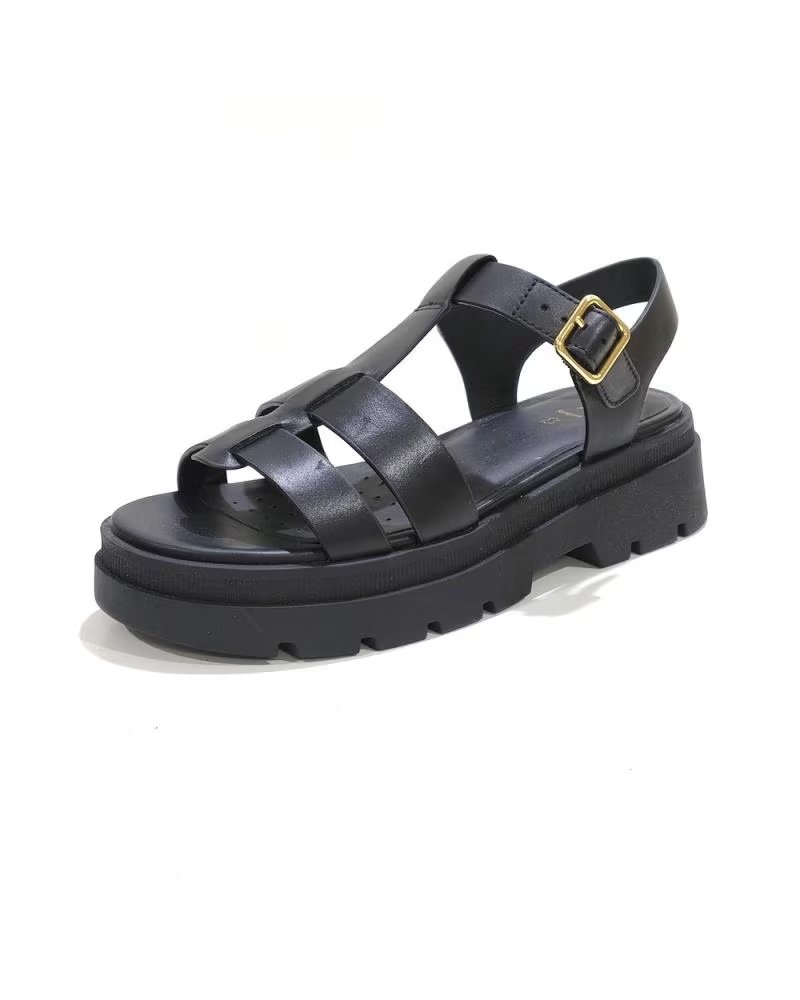 Geox Sandalia Casual de Piel con Plataforma de Goma Negro