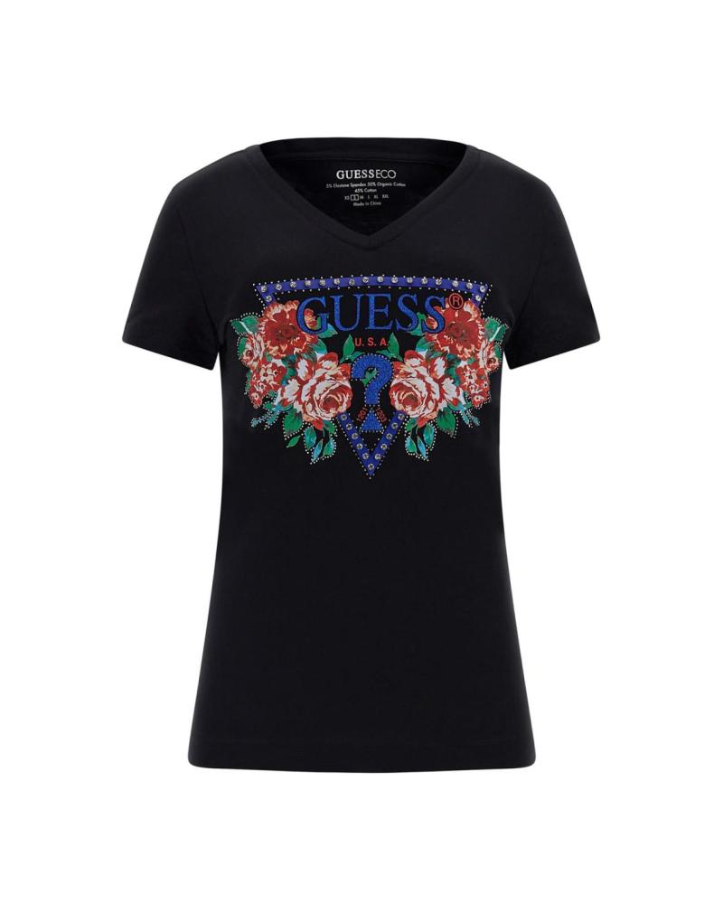 CAMISETA GUESS NEGRA CON ESTAMPADO FLORAL DE ROSAS NEGRO