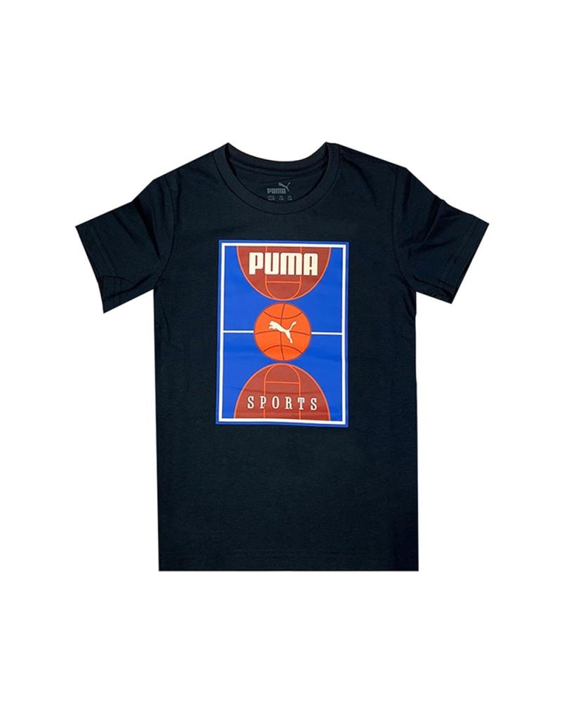 PUMA CAMISETA BALONCESTO INFANTIL NEGRA CON ESTAMPADO GRÁFICO AZUL Y NARANJA 1
