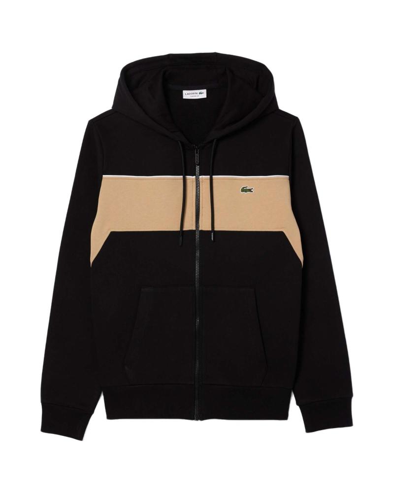 SUDADERA CON CAPUCHA LACOSTE NEGRA Y BEIGE CON CREMALLERA NEGRO