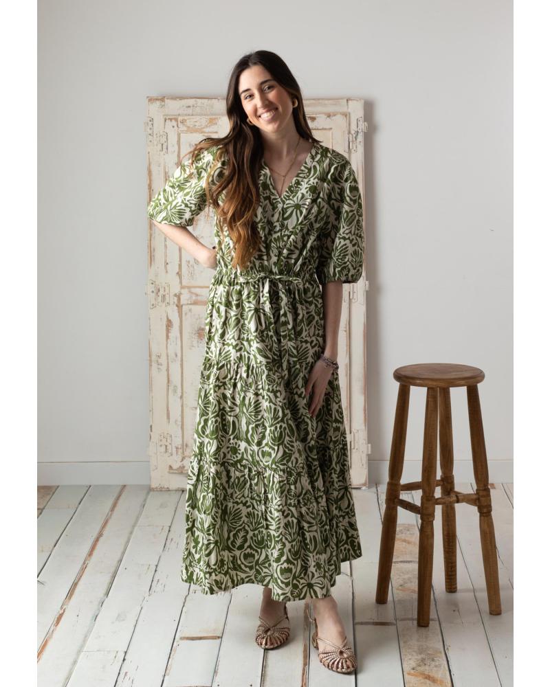 VESTIDO LARGO YERSE 42894127 DE ALGODÓN CON MANGAS ABULLONADAS, COLOR VERDE VERDE