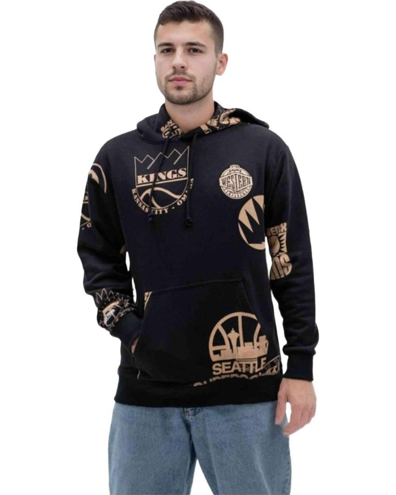 SUDADERA CON CAPUCHA MITCHELL & NESS NEGRA CON LOGOS DORADOS NEGRO