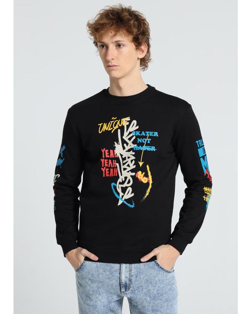 SIX VALVES SUDADERA NEGRA CUELLO REDONDO CON ESTAMPADO GRÁFICO NEGRO