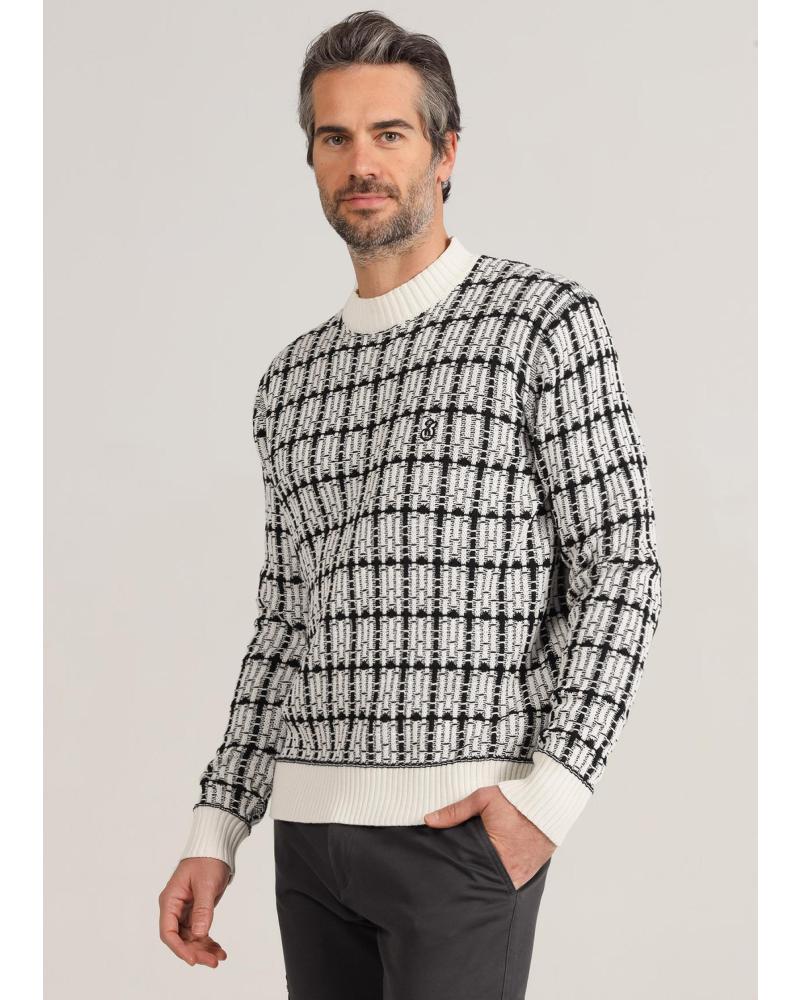 BENDORFF JERSEY CUELLO REDONDO CON DISEÑO DE CUADROS BLANCO BLANCO
