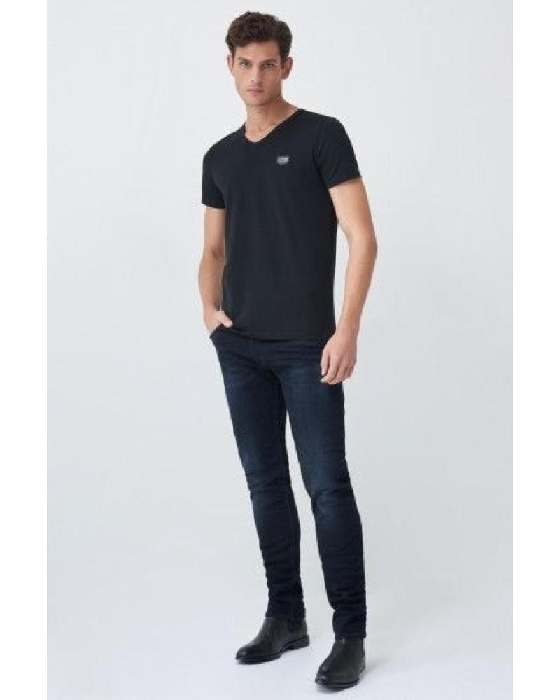 SALSA CAMISETA NEGRA DE ALGODÓN CON CUELLO V Y LOGO MODELO 21002957 NEGRO