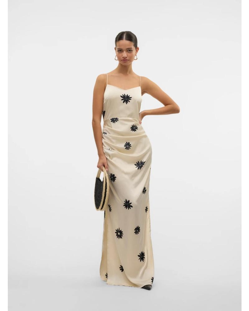 VESTIDO LARGO VERO MODA 10328711 BEIGE CON ESTAMPADO FLORAL Y FRUNCIDO BEIGE