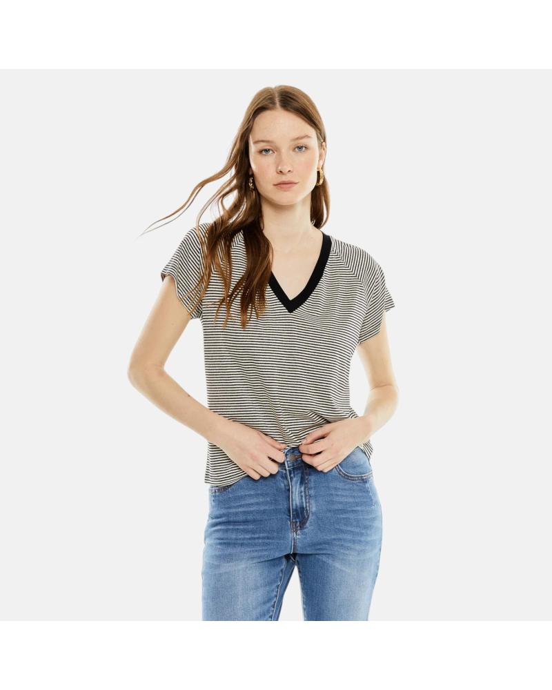 SYSTEM ACTION CAMISETA MANGA CORTA RAYAS CON CUELLO V Y RIBETE NEGRO NAN
