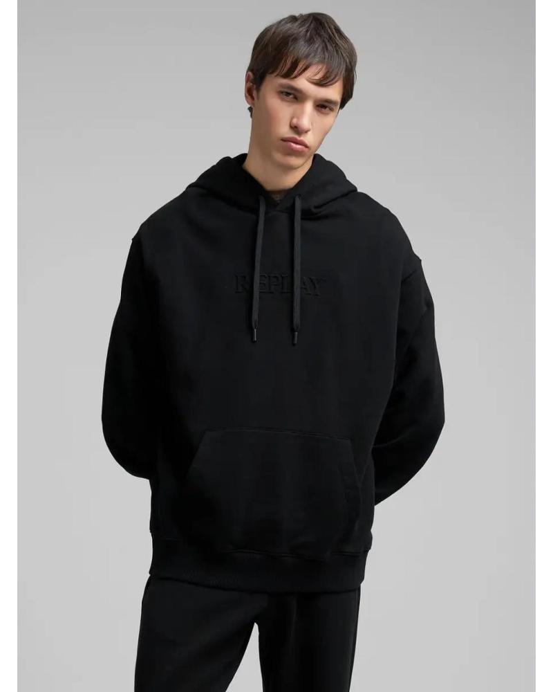 SUDADERA REPLAY CON CAPUCHA Y LETRAS BORDADAS M3183 NEGRA NEGRO