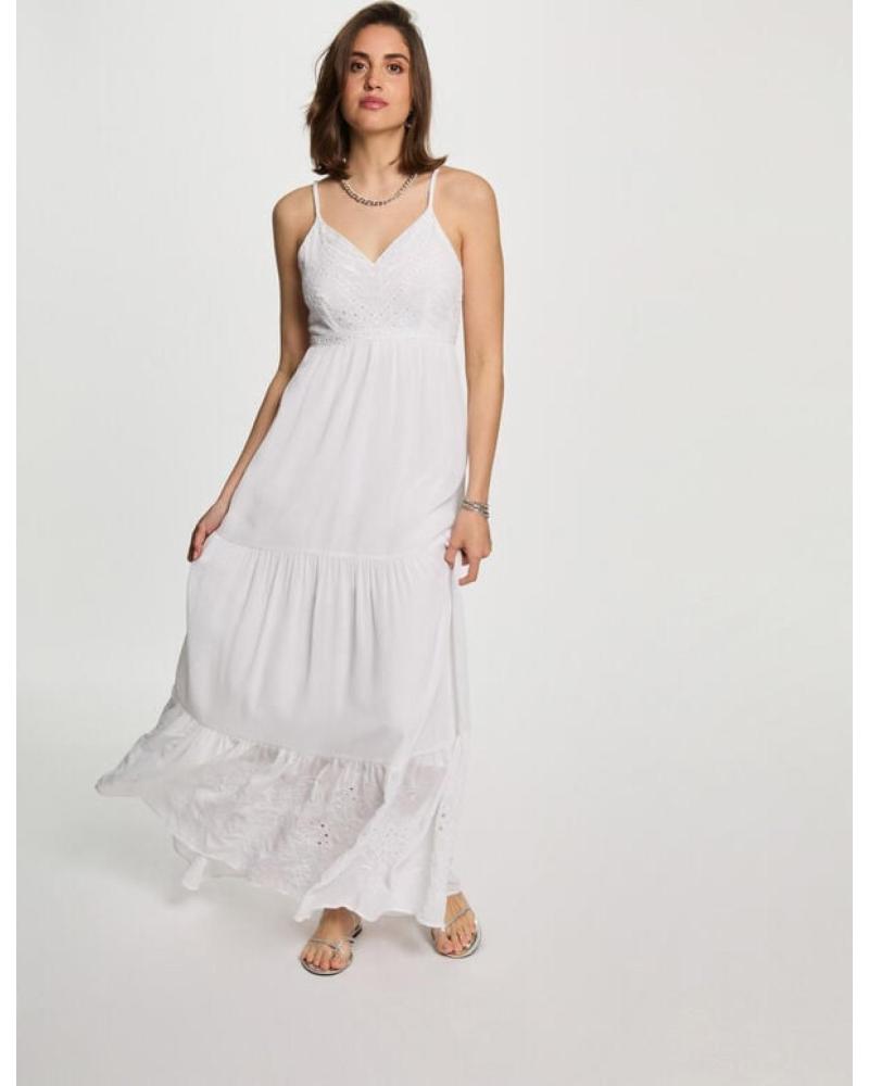 MORGAN – Robe longue blanche à volants brodés — comment habiller une morphologie en H (silhouette droite, taille peu marquée)
