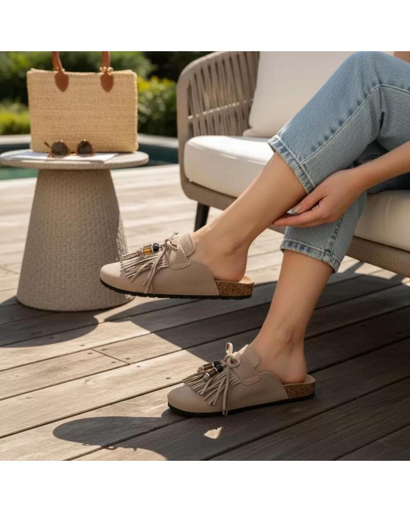 ZUECOS TIMBOS MUJER MODELO 132343 CON FLECOS Y DETALLE DE CORCHO MARRóN