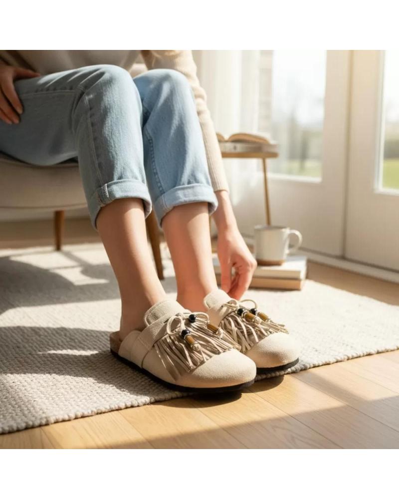 ZUECOS TIMBOS MUJER MODELO 132342 CON FLECOS Y DETALLE DE CORCHO BEIGE