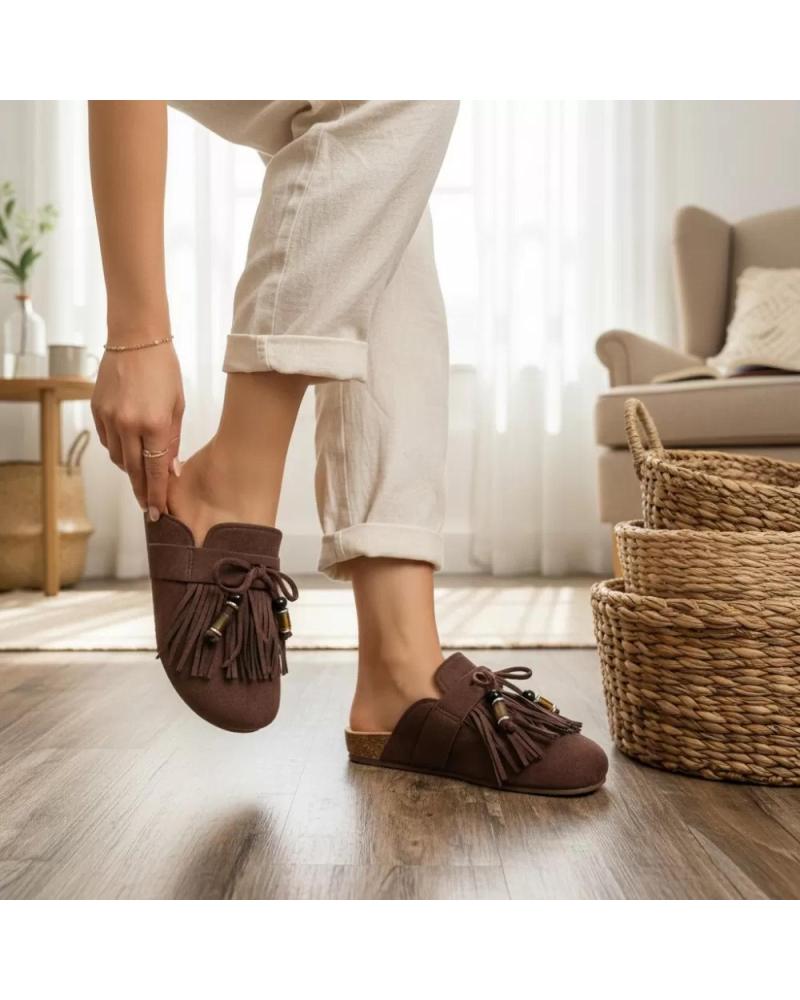 ZUECOS TIMBOS MUJER MODELO 132341 CON FLECOS Y DETALLE DE CORCHO MARRóN