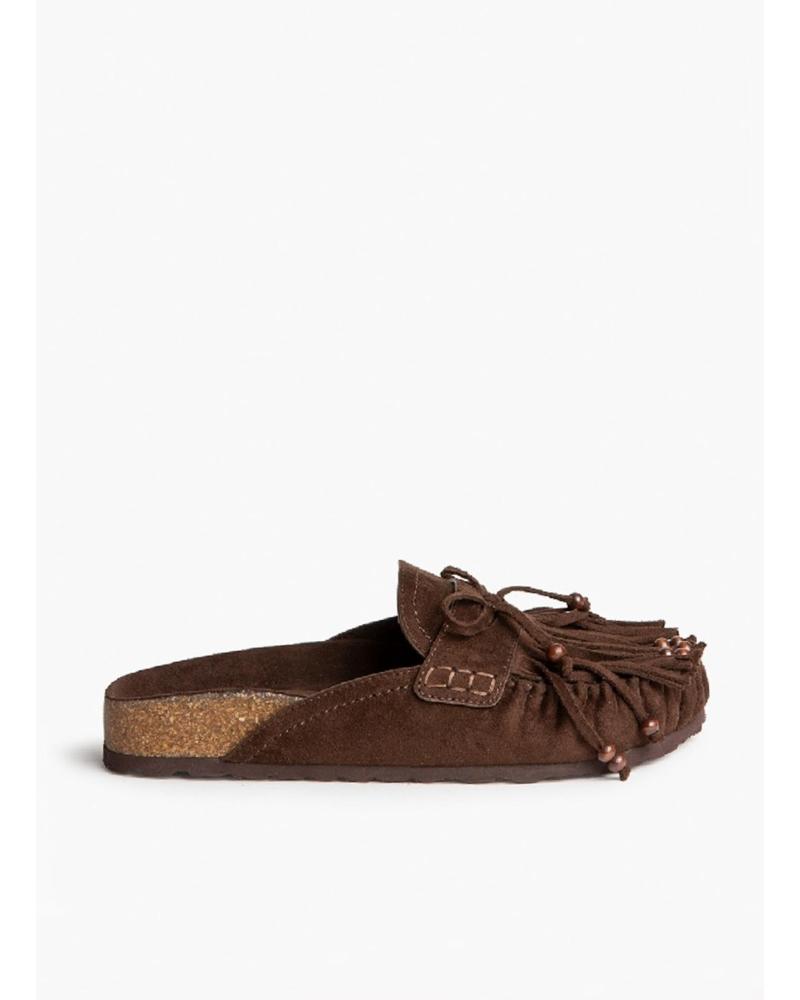 KESLEM ZUECO DE ANTE CON FLECOS KESLEM BOHO DESTALONADO PARA MUJER MARRON