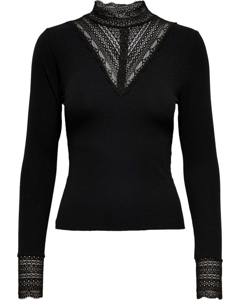 ONLY CAMISETA DE MANGA LARGA CON CUELLO ALTO Y DETALLES DE ENCAJE PARA MUJER NEGRO