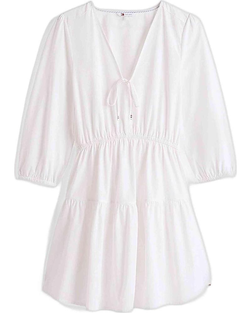 TOMMY JEANS VESTIDO BLANCO DE POPELINA DE ALGODÓN CON CINTURA ELÁSTICA PARA MUJER BLANCO