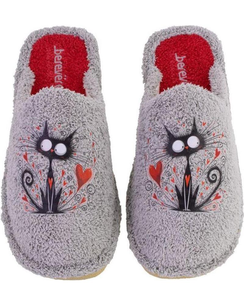 BEREVERE ZAPATILLAS DE CASA BEREVERE 6411 CON ESTAMPADO DE GATO Y CORAZONES GRIS Y ROJO