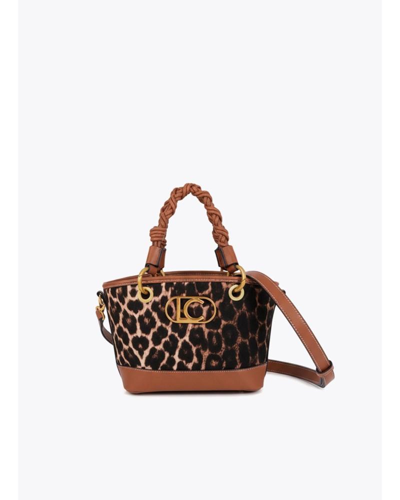 LOLA CASADEMUNT MINI CAPAZO ESTAMPADO ANIMAL PRINT CON LOGOTIPO METÁLICO MARRON