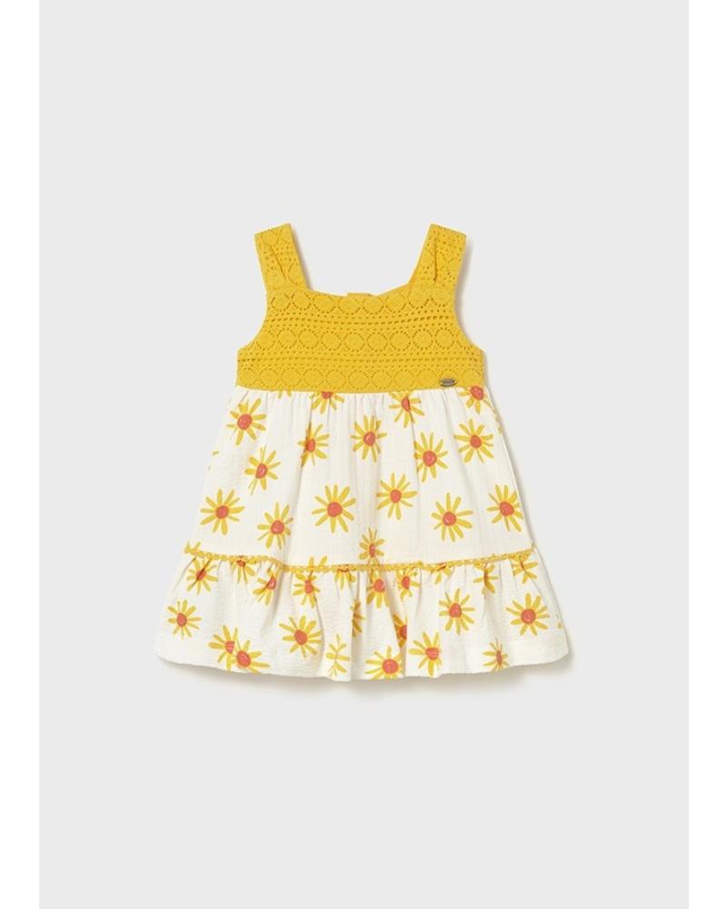 MAYORAL VESTIDO CON ESTAMPADO DE SOLES Y CUERPO NIDO DE ABEJA AMARILLO