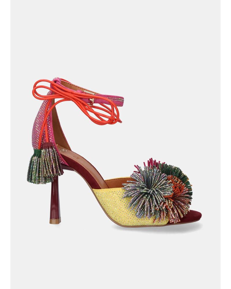 EXE SANDALIA DE TACÓN JENIFER-725 CON DETALLE DE POMPONES MULTICOLOR