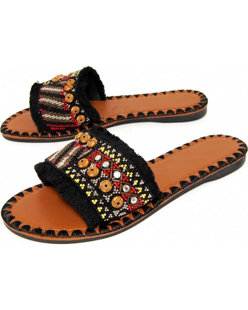 MONTEVITA SANDALIA PLANA ARTESANAL CON ABALORIOS Y FLECOS BLACK