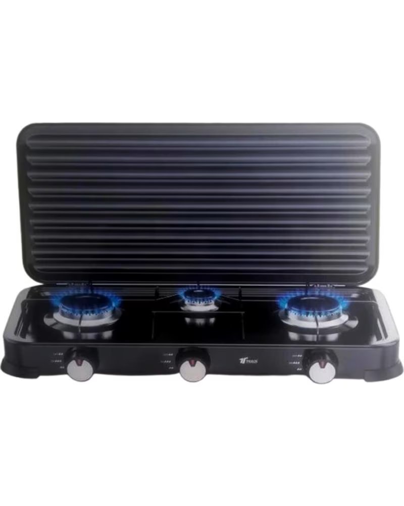 Cocina de Gas Thulos de Tres Fuegos con Tapa Protectora Negro
