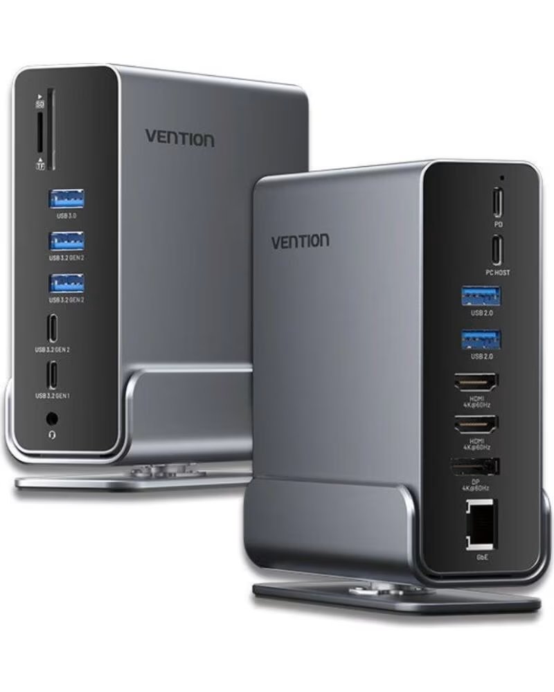 Vention Estación de Acoplamiento Usb Tipo-c Mst 15 en 1 TPUH0 con 2x Hdmi 4K, Displayport, Usb-c, RJ45, Lector de Tarjetas y Jac