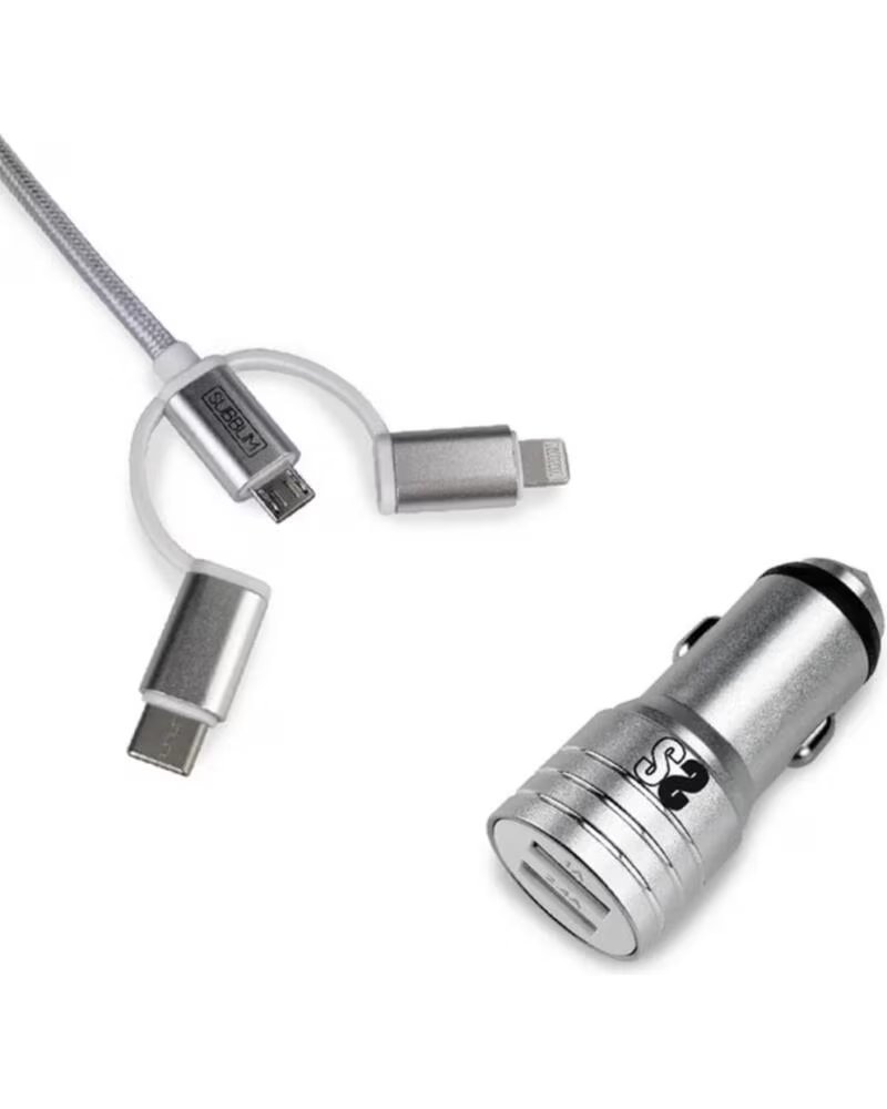SUBBLIM CARGADOR DE COCHE USB 12W CON MARTILLO DE SEGURIDAD Y CABLE 3 EN 1